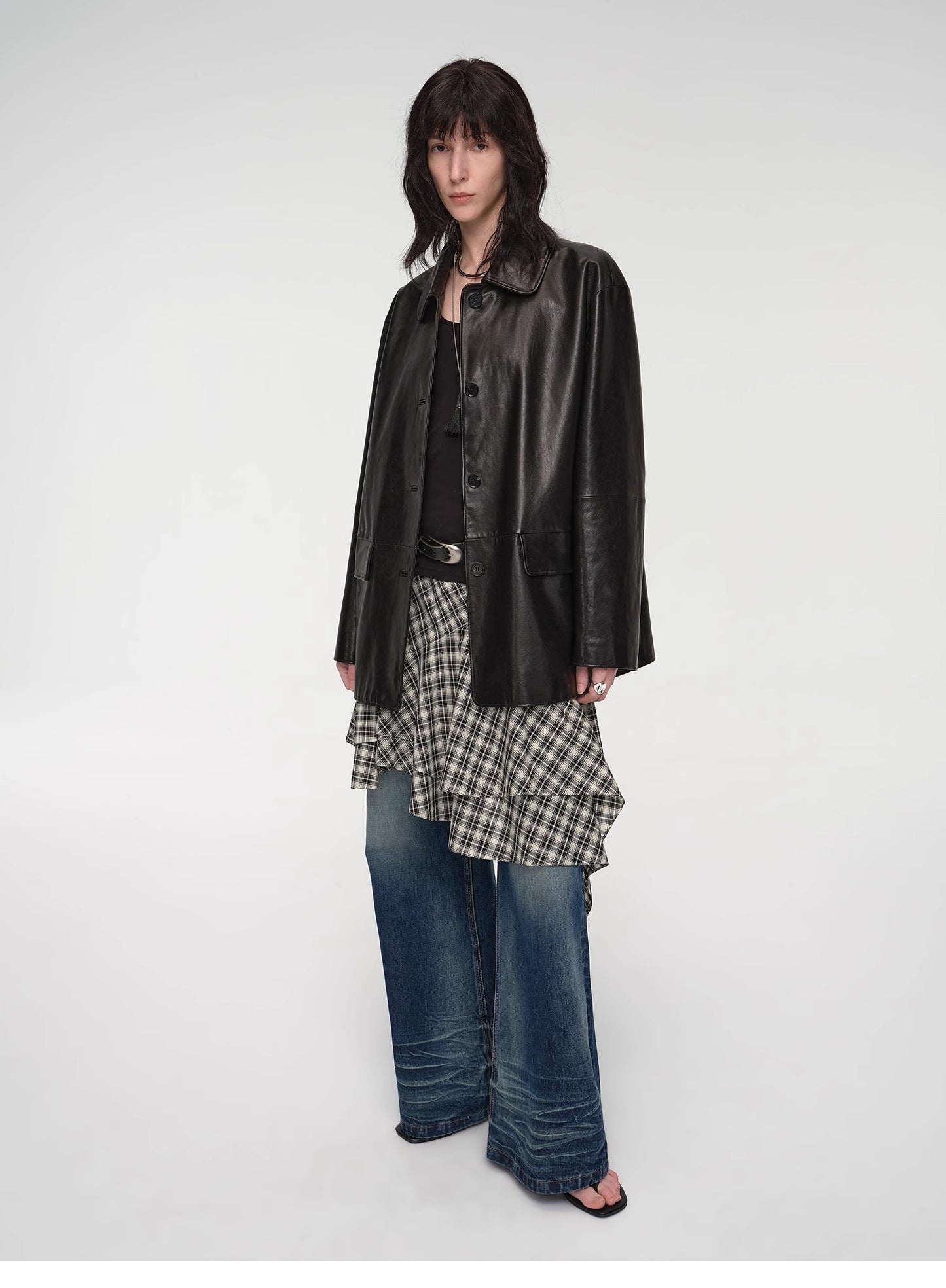 "Fashionable Kuoxi" goatskin simple and versatile retro suit-style leather windbreaker jacket