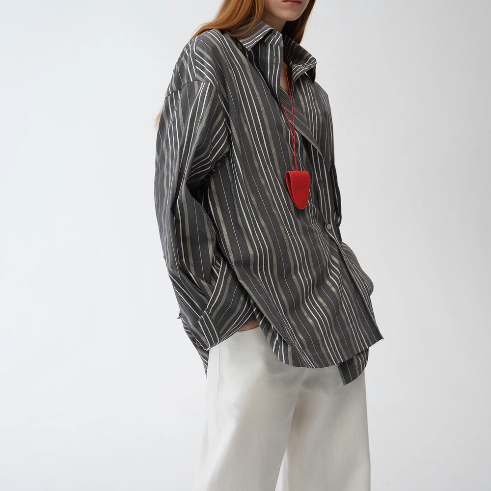 
                  
                    "Striped Fantasy" Casual Asymmetric Slanted Front Two-Wear Striped Long Sleeve Shirt
                  
                