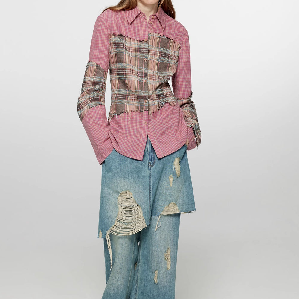 "Fashionable Sniper" Tencel blended fake two-piece stitching jeans women's ripped raw edge straight wide-leg pants