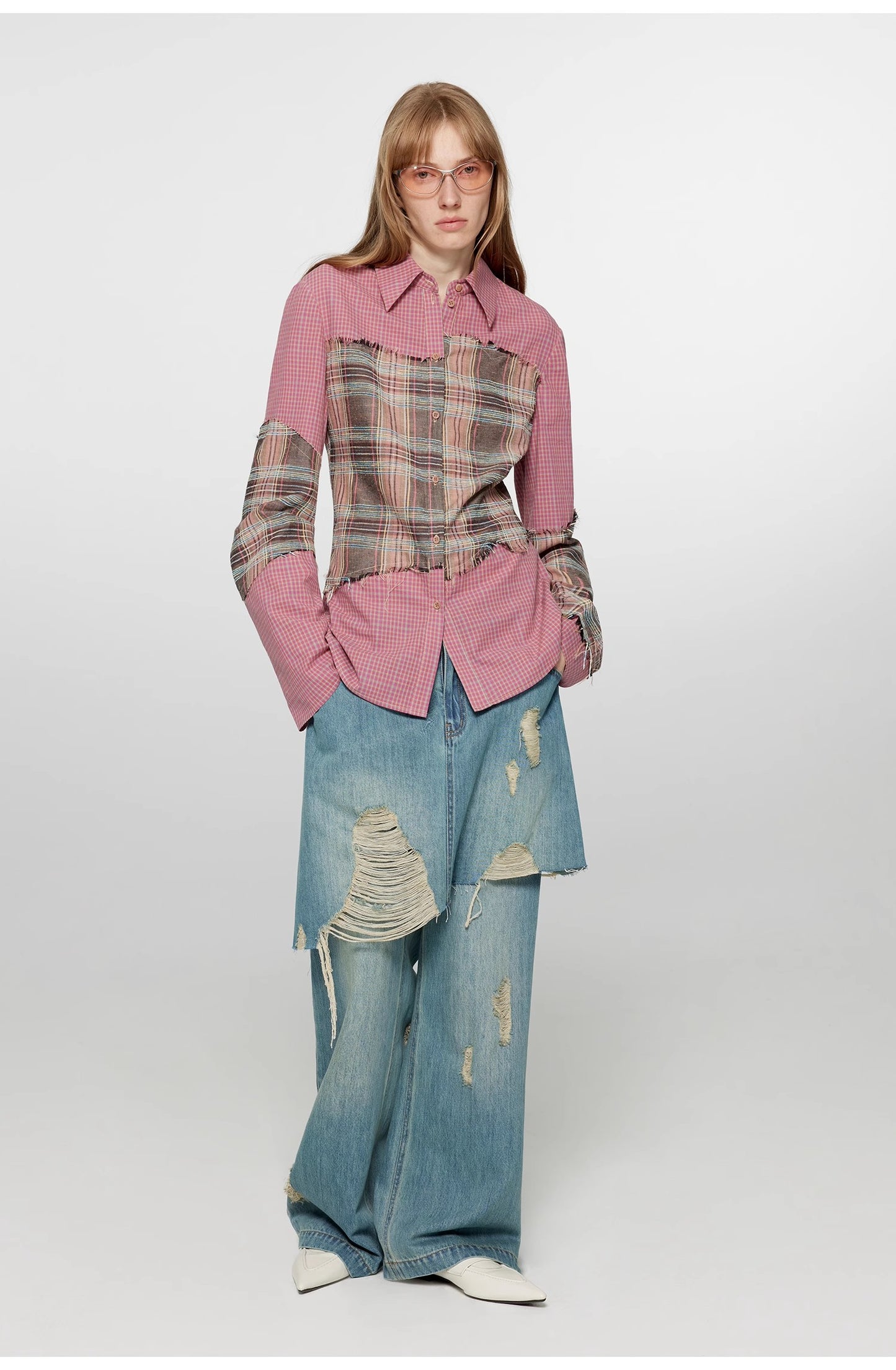 "Fashionable Sniper" Tencel blended fake two-piece stitching jeans women's ripped raw edge straight wide-leg pants