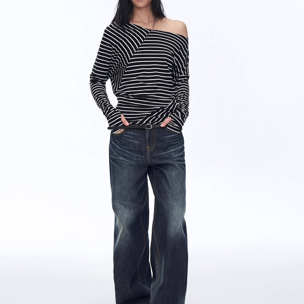 
                  
                    "Picasso Lines" fashionable off-shoulder Lyocell Tencel wool blended draped patchwork striped T-shirt
                  
                