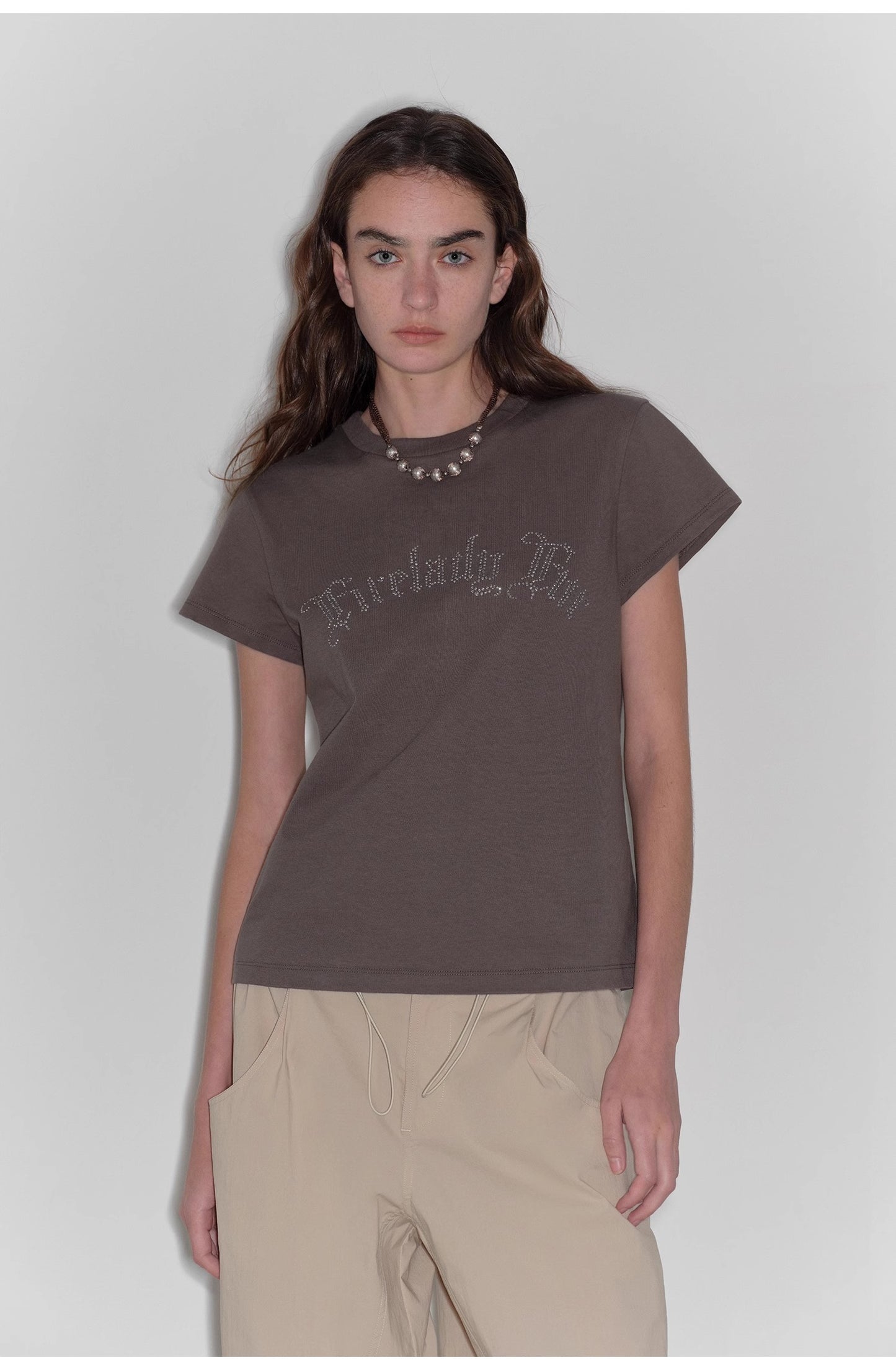"May Time" luxury brand same version 3D long-staple cotton slightly waist rivet T-shirt
