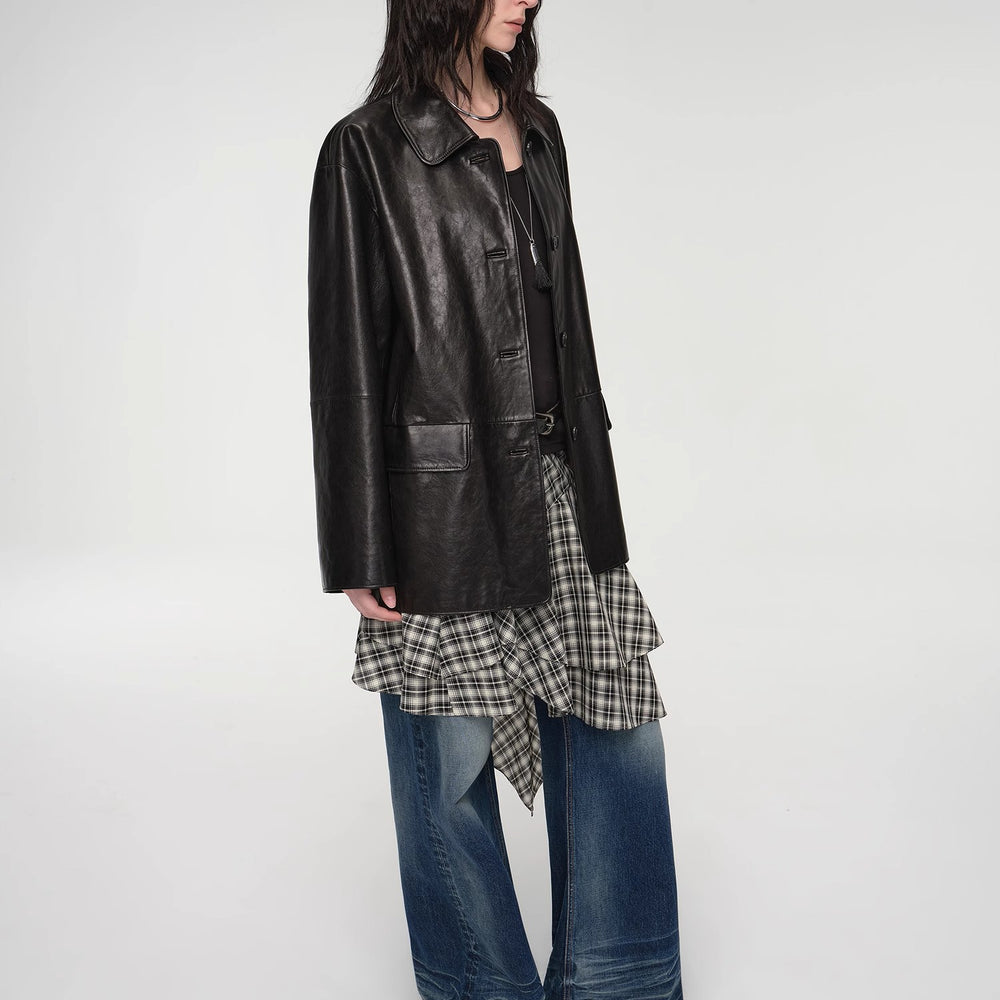 
                  
                    "Fashionable Kuoxi" goatskin simple and versatile retro suit-style leather windbreaker jacket
                  
                