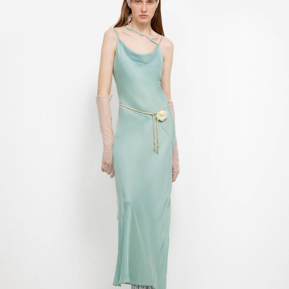 "Island Riddle" Glossy copper-ammonia silk satin light luxury swing collar slim fishtail suspender dress