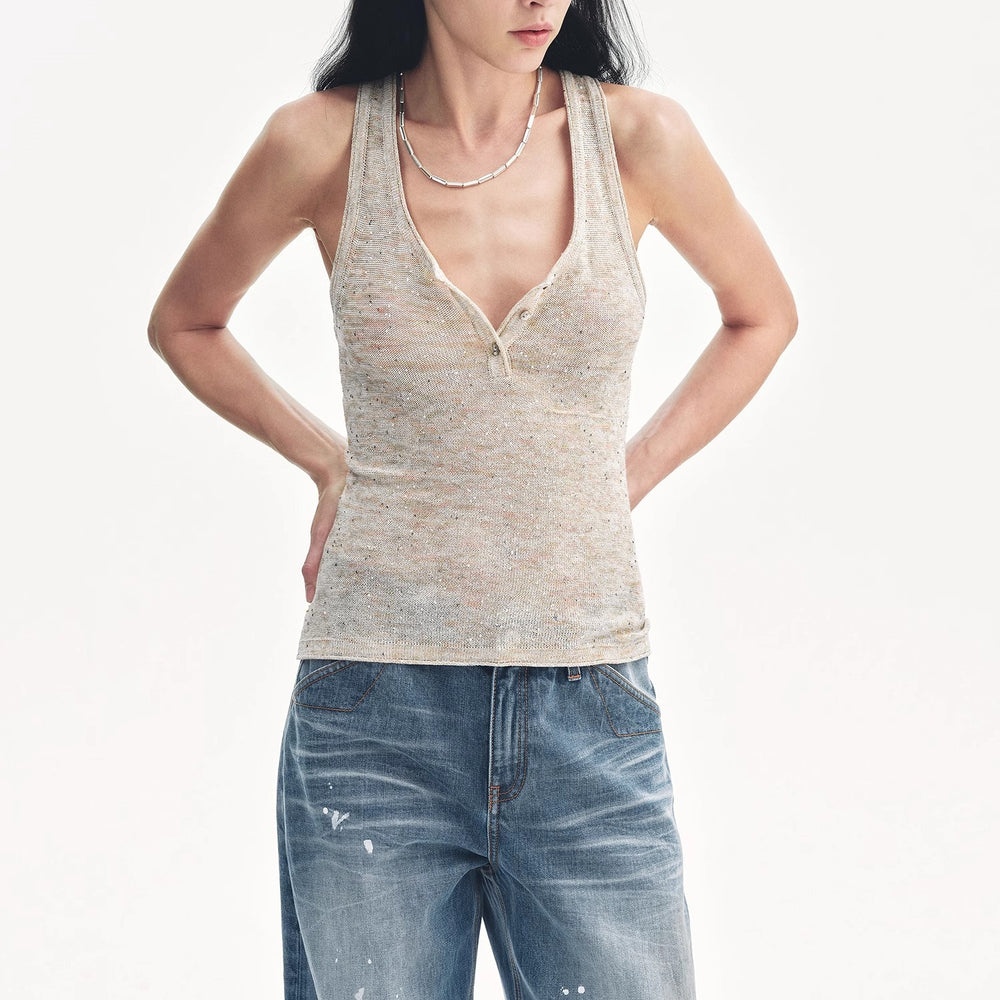 
                  
                    "Summer Night Starry Sky" Cotton and Linen Blended Henley Collar Beaded Vest Summer
                  
                