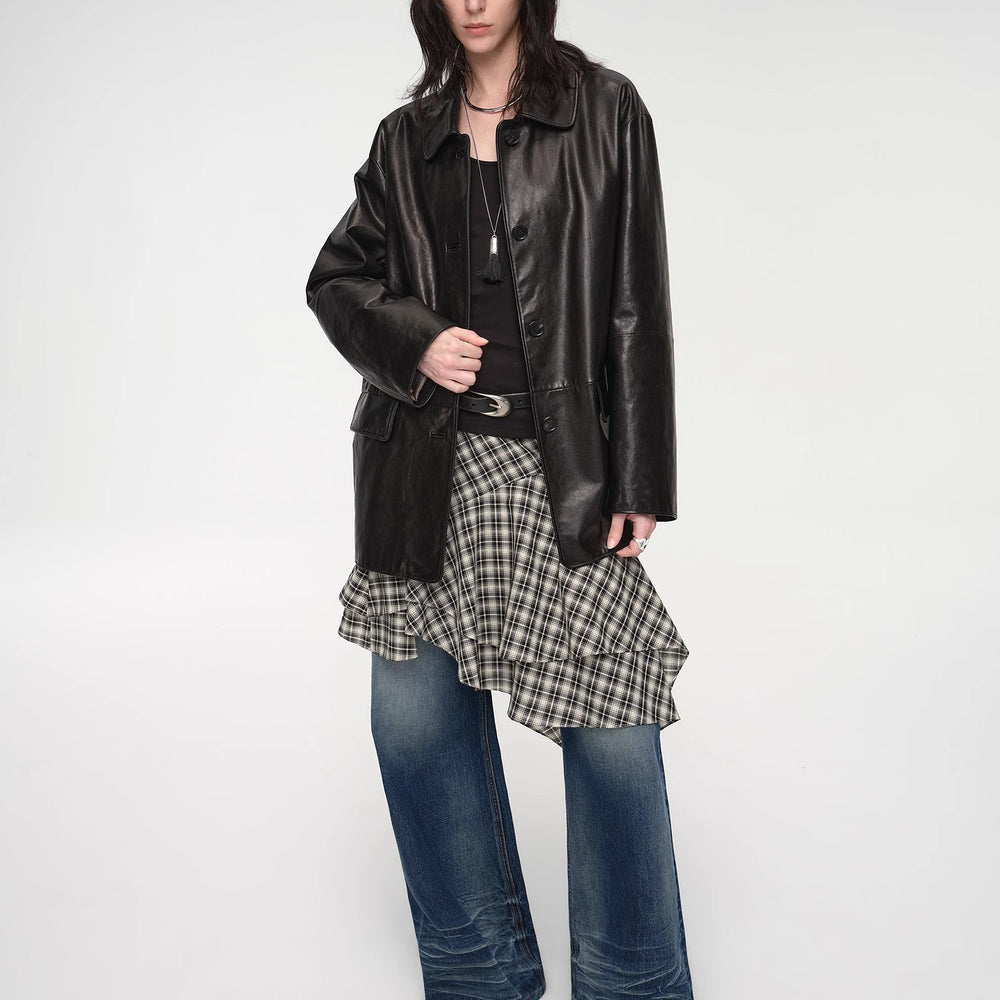 
                  
                    "Fashionable Kuoxi" goatskin simple and versatile retro suit-style leather windbreaker jacket
                  
                