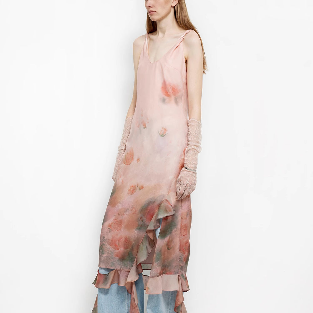 "Rosy Ombre" Acetate Mulberry Silk V-Neck Ruffled Draped Twist Strap Summer Dress