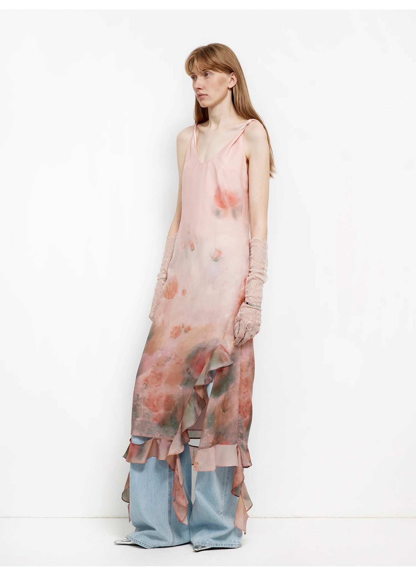 "Rosy Ombre" Acetate Mulberry Silk V-Neck Ruffled Draped Twist Strap Summer Dress