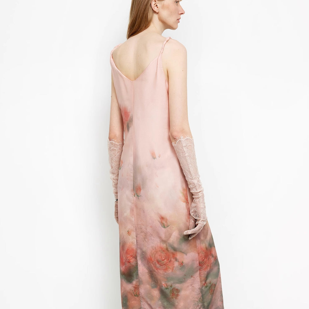 
                  
                    "Rosy Ombre" Acetate Mulberry Silk V-Neck Ruffled Draped Twist Strap Summer Dress
                  
                