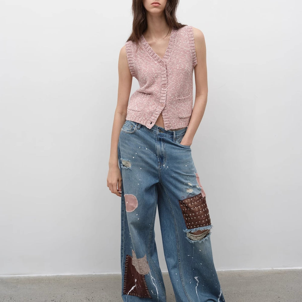 "Stacking Rehearsal" Fashionable vintage style layering artifact wool blend dotted V-neck knitted vest for autumn