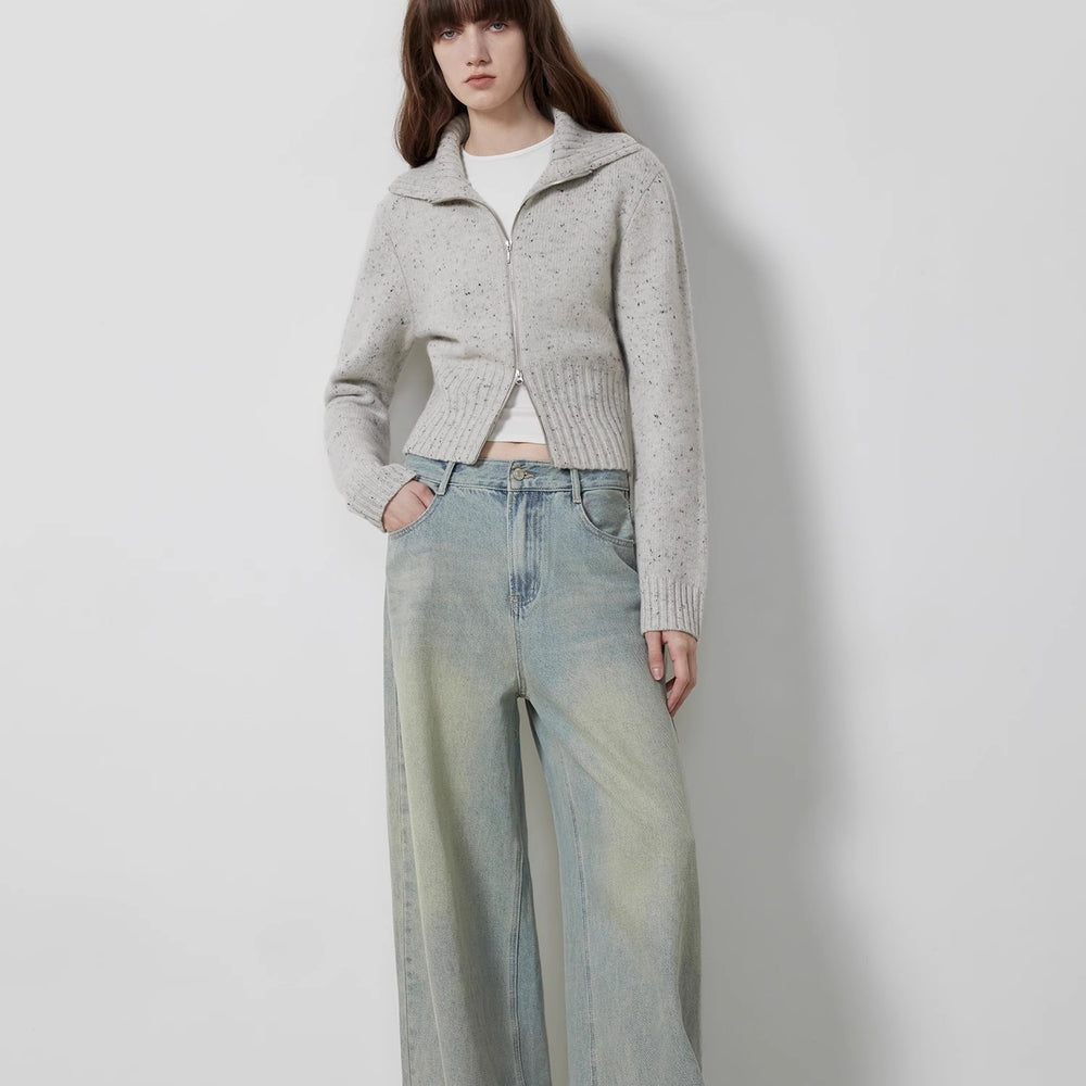 
                  
                    "Autumn Breeze Tea" colorful dotted wool-blend double-zip knitted cardigan short stand-up collar sweater
                  
                