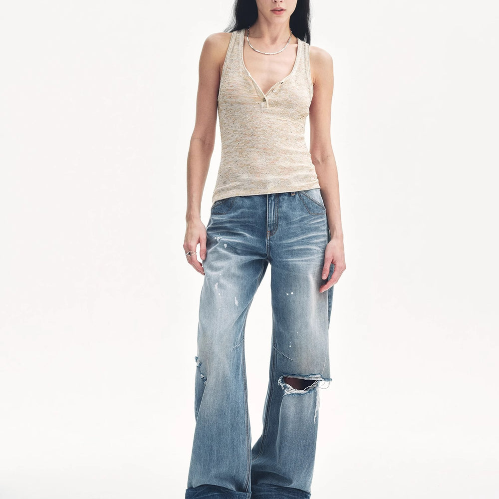 
                  
                    "Summer Night Starry Sky" Cotton and Linen Blended Henley Collar Beaded Vest Summer
                  
                