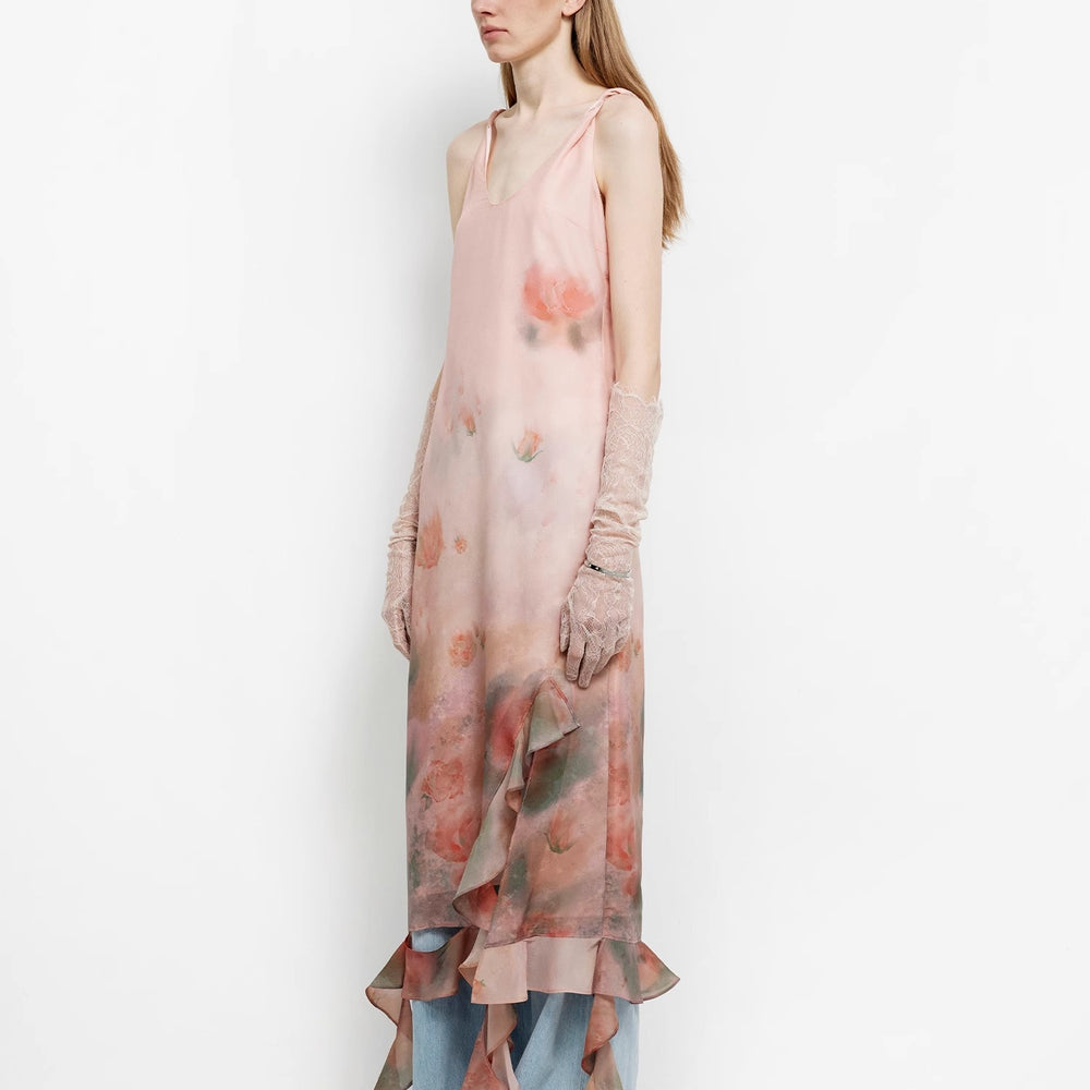 
                  
                    "Rosy Ombre" Acetate Mulberry Silk V-Neck Ruffled Draped Twist Strap Summer Dress
                  
                