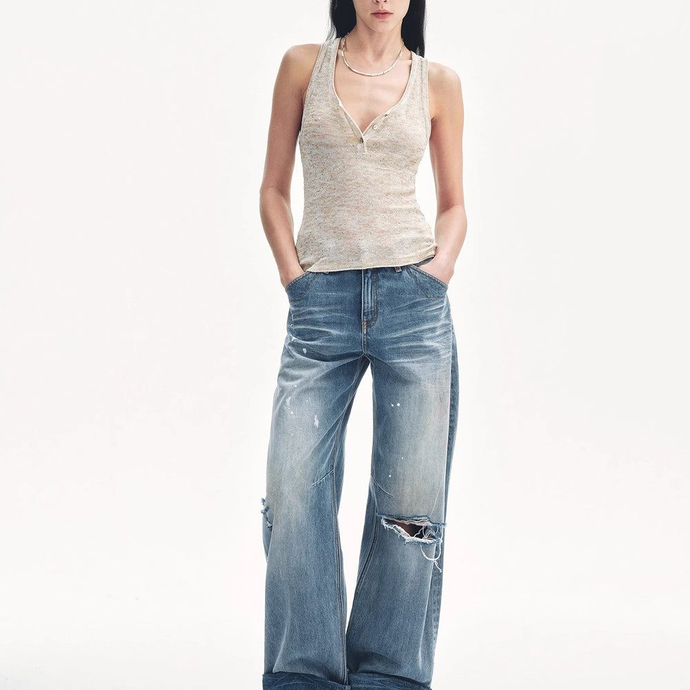 
                  
                    "Summer Night Starry Sky" Cotton and Linen Blended Henley Collar Beaded Vest Summer
                  
                