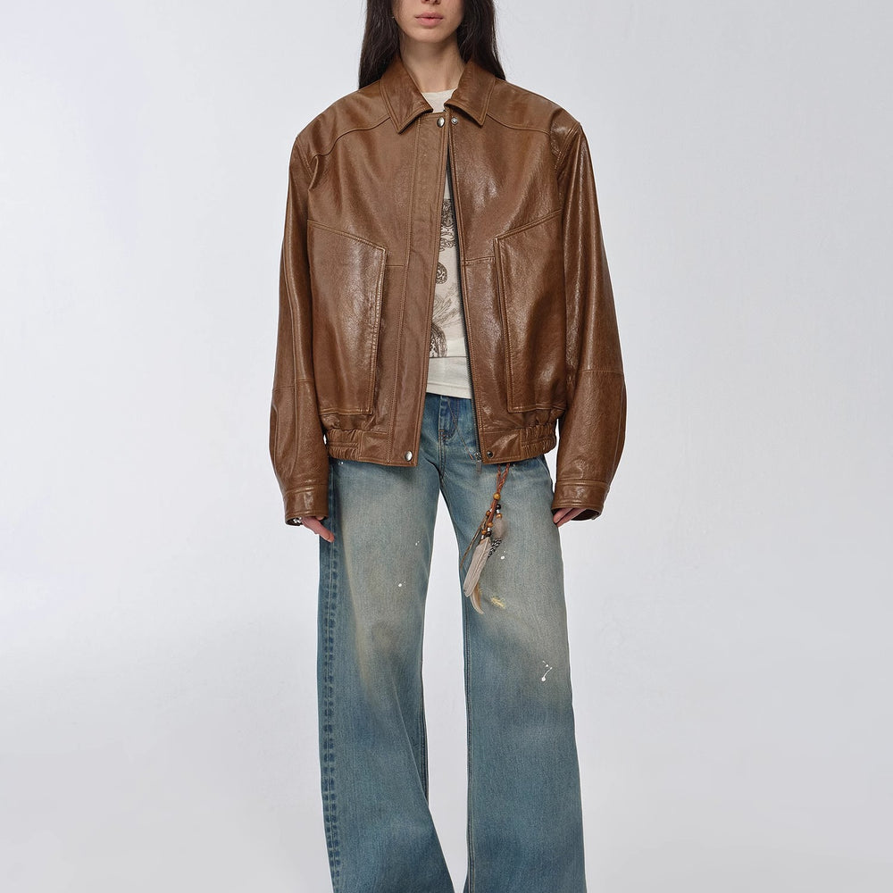 "Fashionable Luke" imported waxed sheep leather retro work jacket coat for women