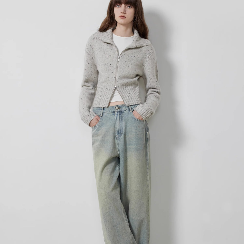 
                  
                    "Autumn Breeze Tea" colorful dotted wool-blend double-zip knitted cardigan short stand-up collar sweater
                  
                
