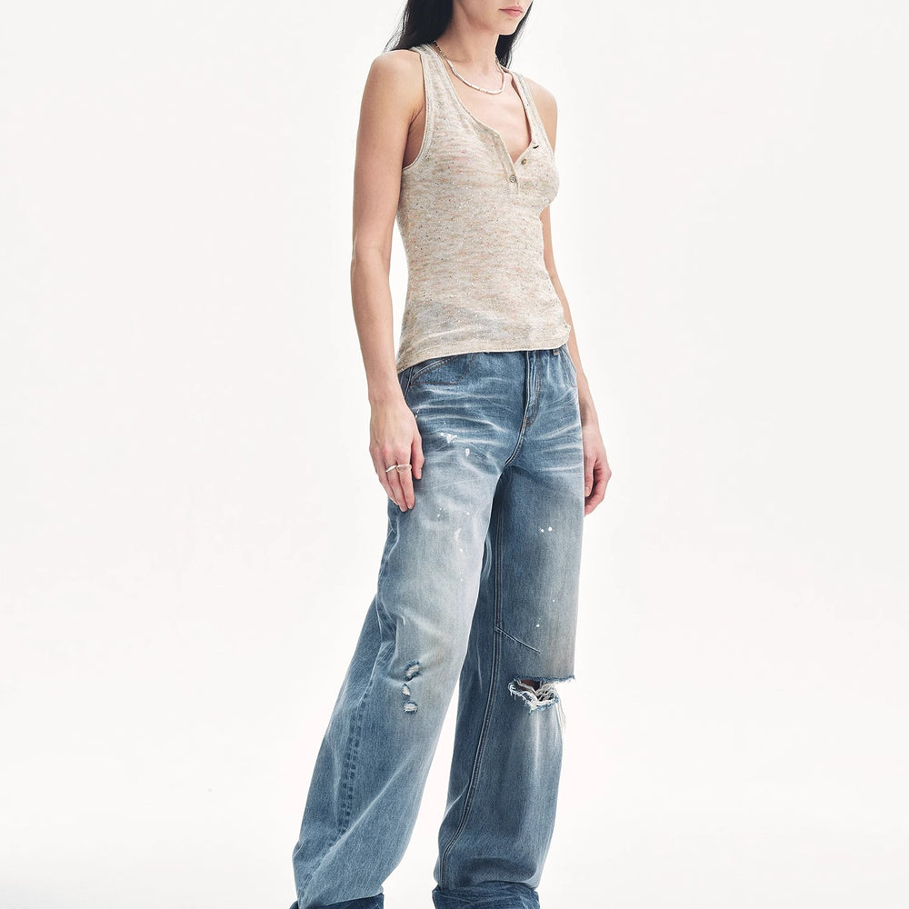 
                  
                    "Summer Night Starry Sky" Cotton and Linen Blended Henley Collar Beaded Vest Summer
                  
                