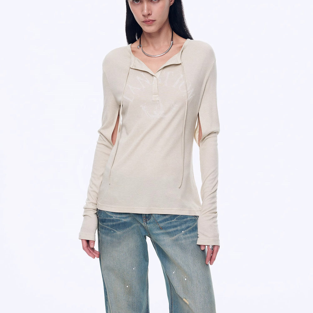 
                  
                    "Minimal Message" ethnic print modal knit henley collar tie long sleeve T-shirt top
                  
                