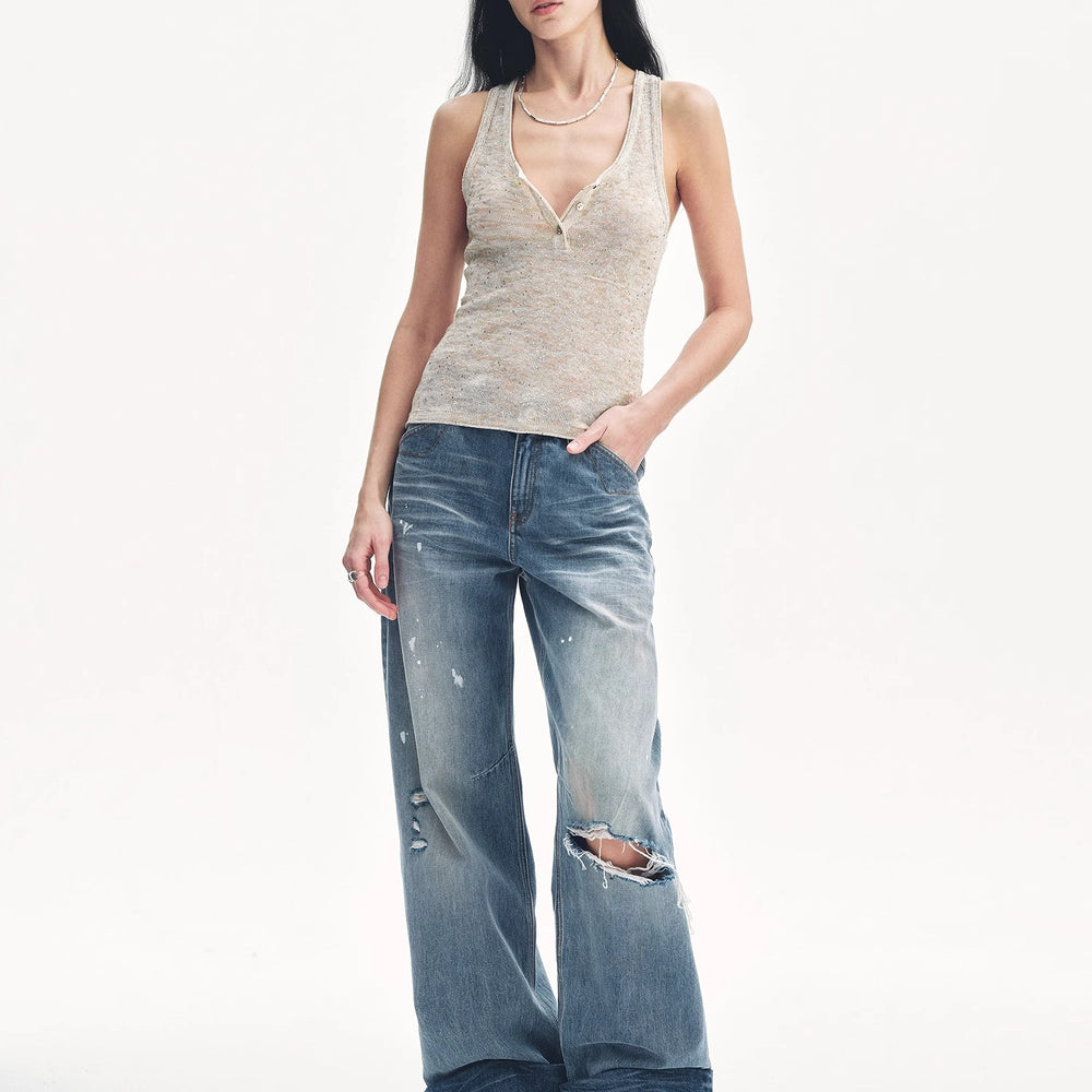 
                  
                    "Summer Night Starry Sky" Cotton and Linen Blended Henley Collar Beaded Vest Summer
                  
                