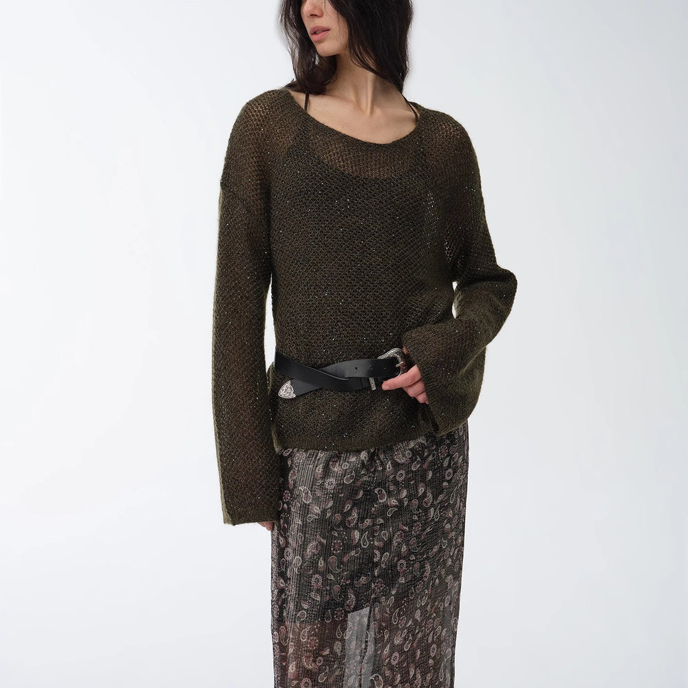 
                  
                    "Sparkling Spring" Mohair Blended Fancy Yarn Boat Neck Sequin Hollow Sweater Top
                  
                