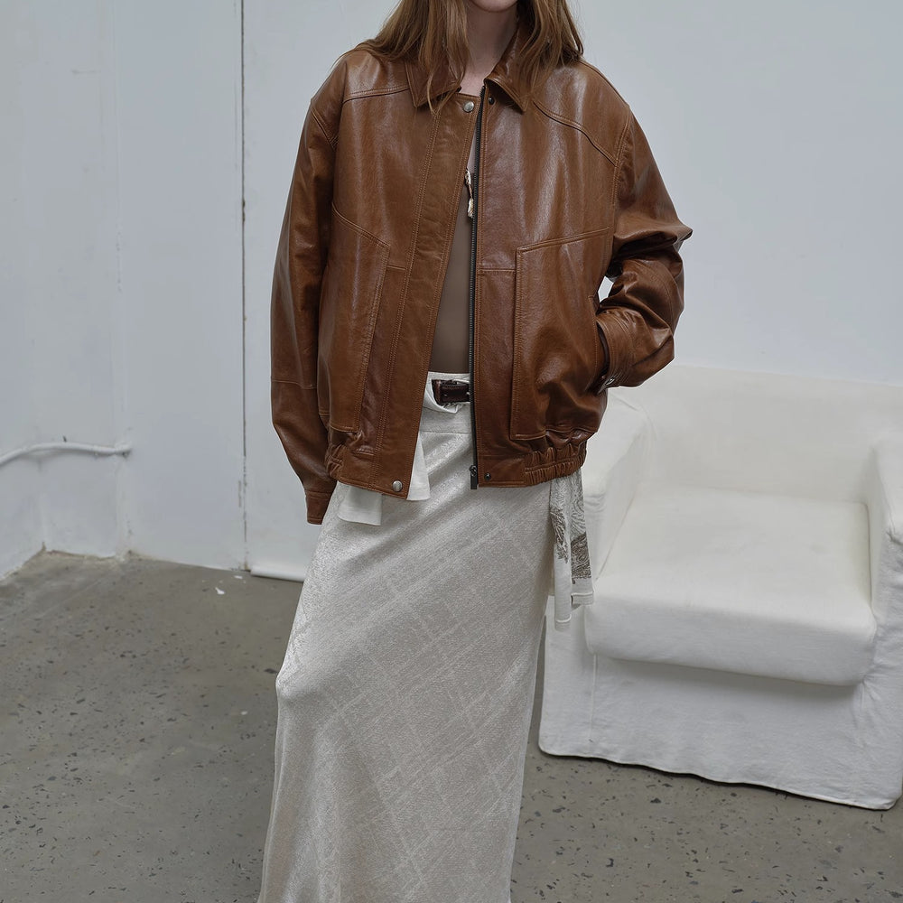 "Fashionable Luke" imported waxed sheep leather retro work jacket coat for women