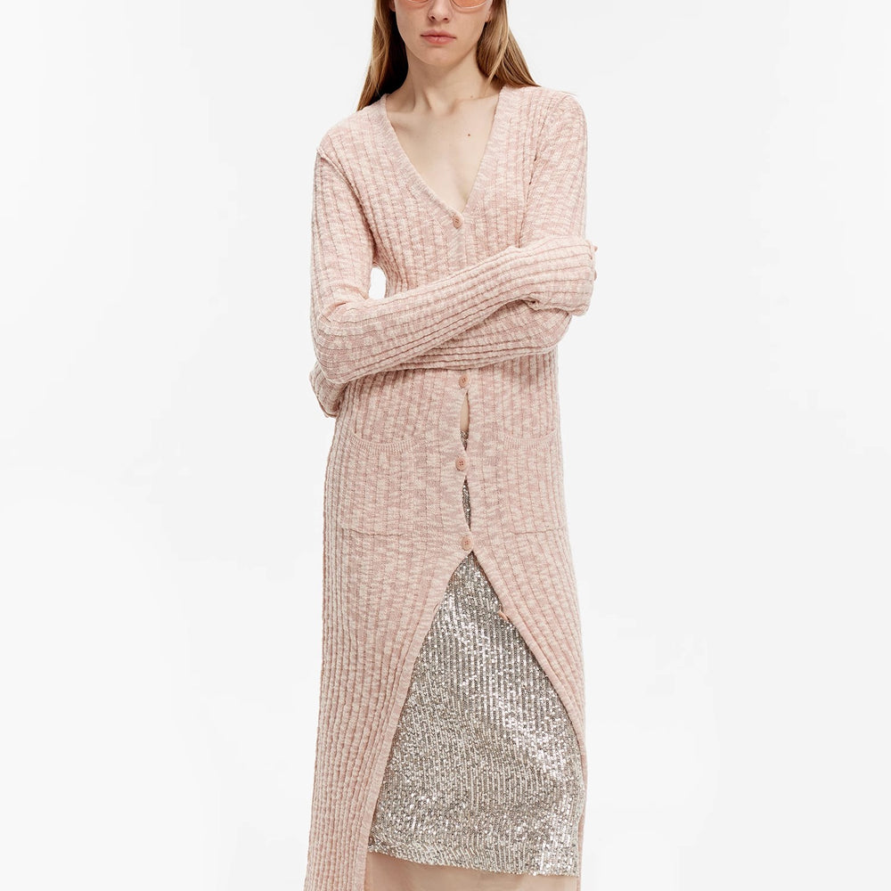 
                  
                    "Soft Spring Formula" Luxury brand same version cotton and linen fancy yarn knitted V-neck curling design straight long cardigan
                  
                