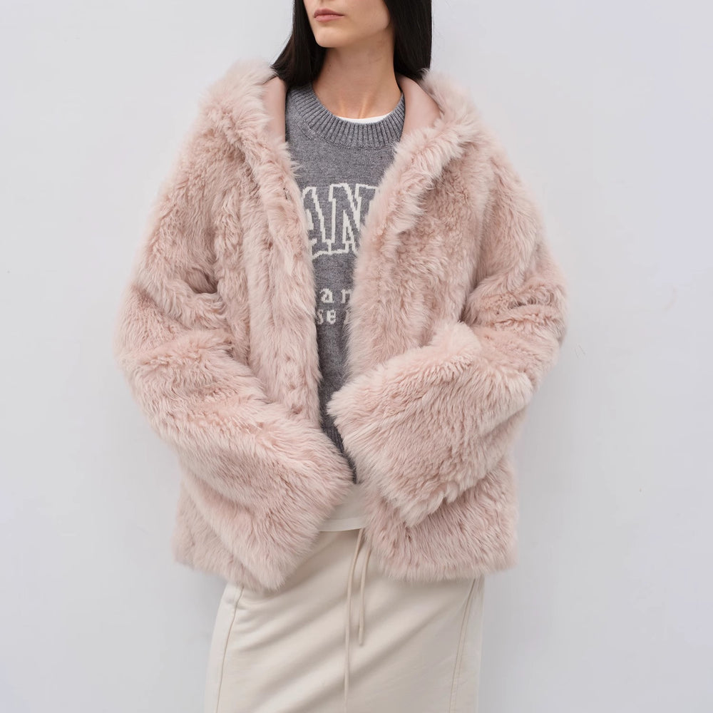 
                  
                    "Winter Snow" lazy silhouette hooded Tuscan curly sheepskin fur coat winter
                  
                