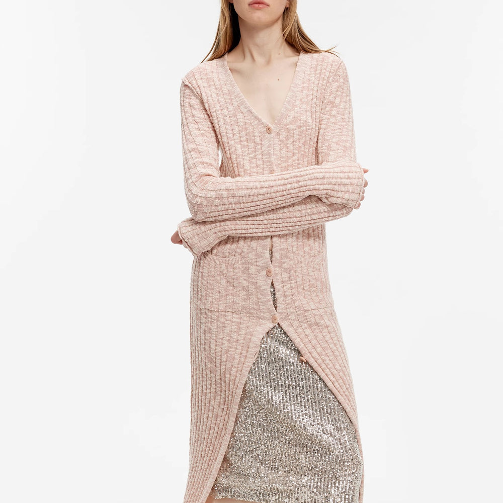 
                  
                    "Soft Spring Formula" Luxury brand same version cotton and linen fancy yarn knitted V-neck curling design straight long cardigan
                  
                