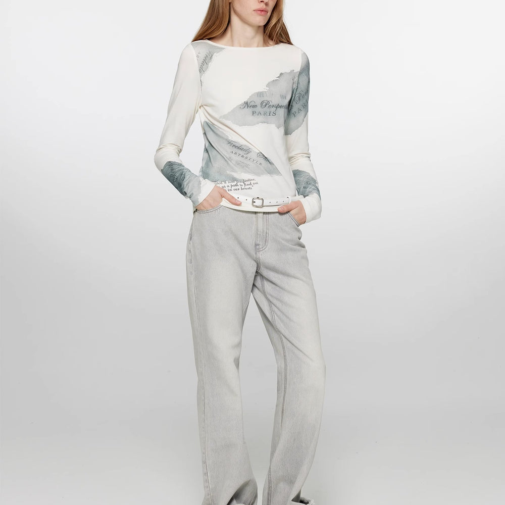 
                  
                    "Letter from Morning and Evening" Silk Cotton Blended/Original Printed One-line Collar Long Sleeve T-Shirt Women's Fitted Top Spring
                  
                