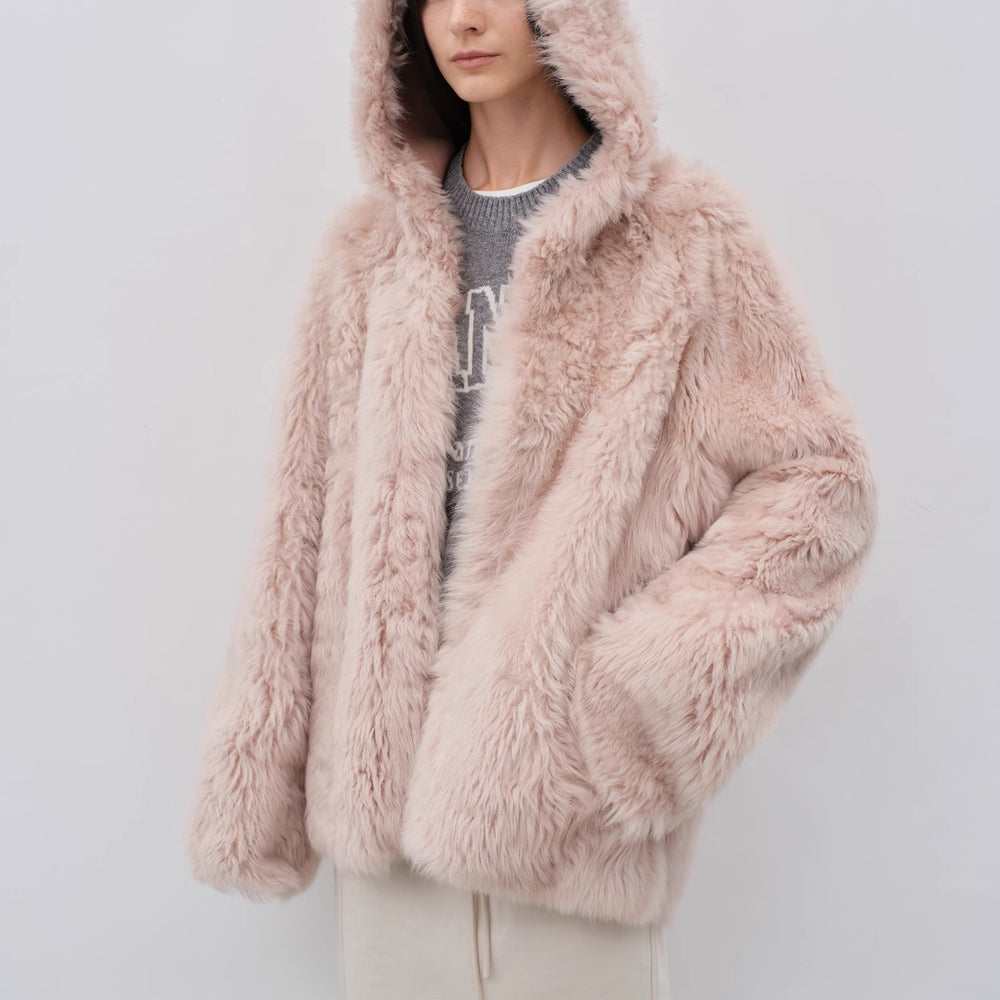 
                  
                    "Winter Snow" lazy silhouette hooded Tuscan curly sheepskin fur coat winter
                  
                