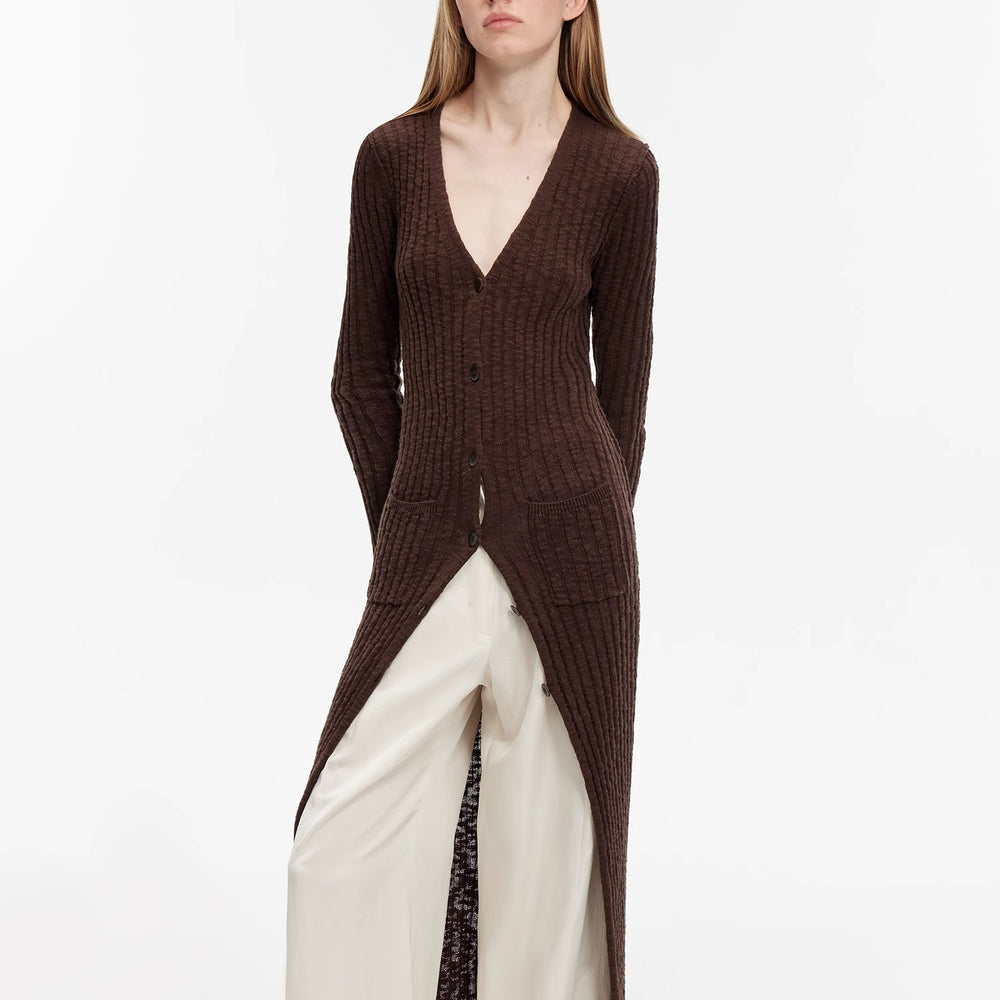 
                  
                    "Soft Spring Formula" Luxury brand same version cotton and linen fancy yarn knitted V-neck curling design straight long cardigan
                  
                
