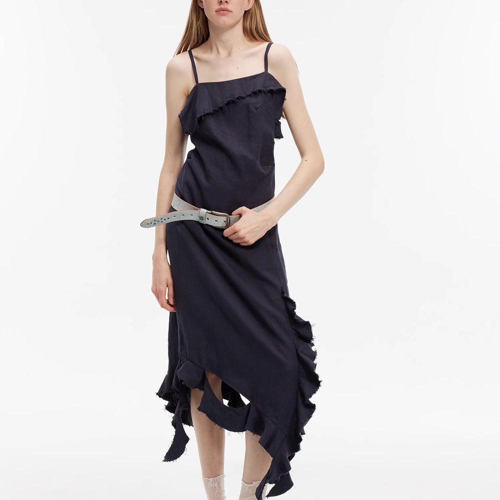 
                  
                    "Summer Whisper" Sand-washed Linen Sling Ruffled Irregular Fit Sling Dress
                  
                