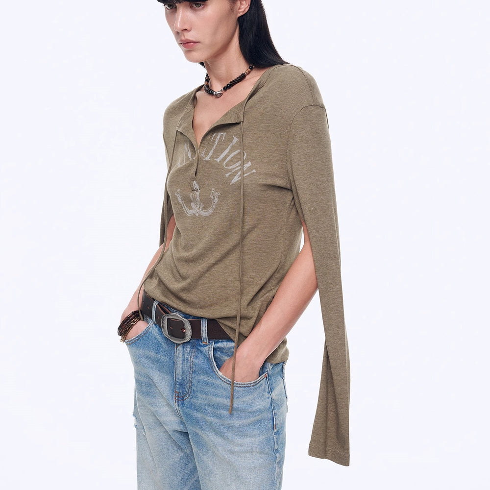 
                  
                    "Minimal Message" ethnic print modal knit henley collar tie long sleeve T-shirt top
                  
                