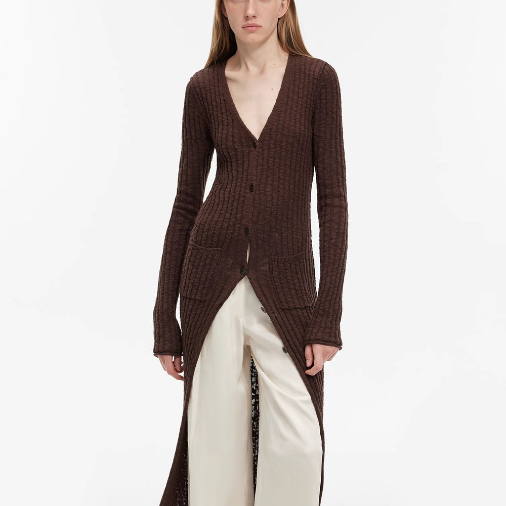 
                  
                    "Soft Spring Formula" Luxury brand same version cotton and linen fancy yarn knitted V-neck curling design straight long cardigan
                  
                