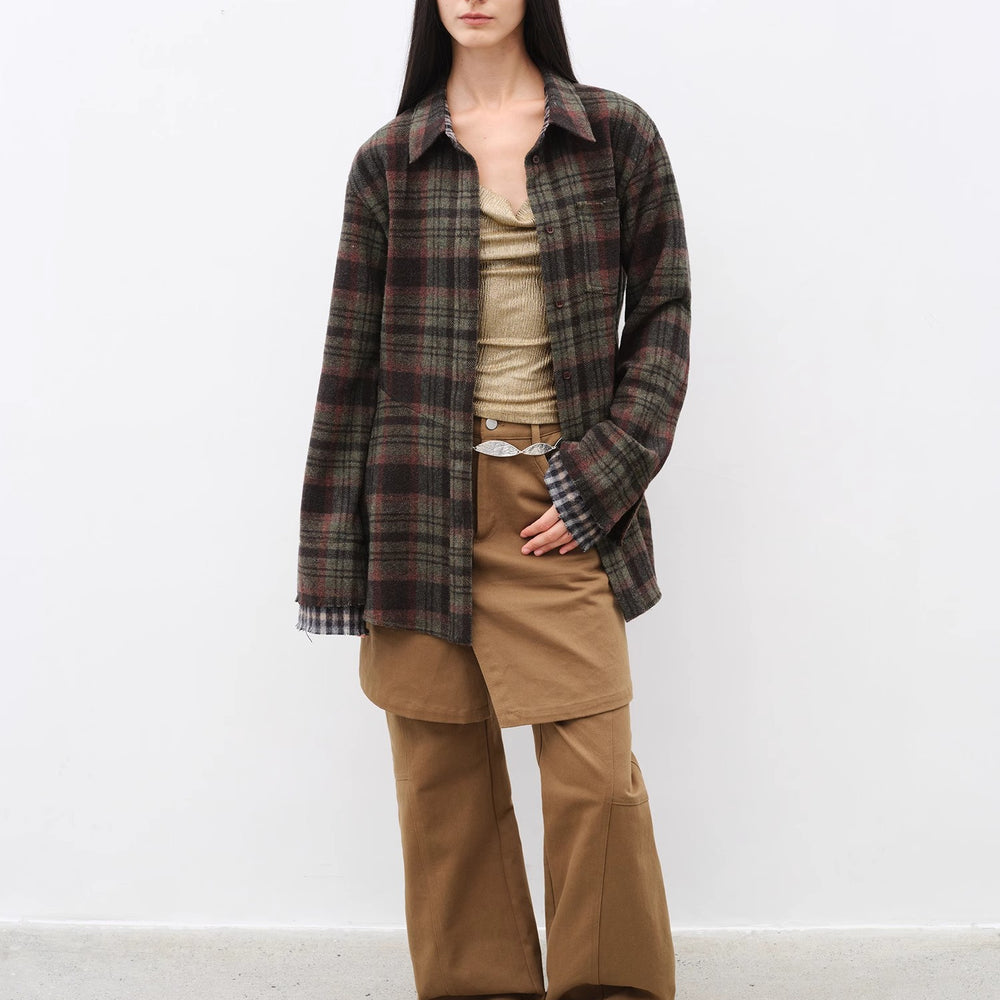 "Culotte Declaration" Retro split design fake two-piece twill brushed slightly flared slim jeans