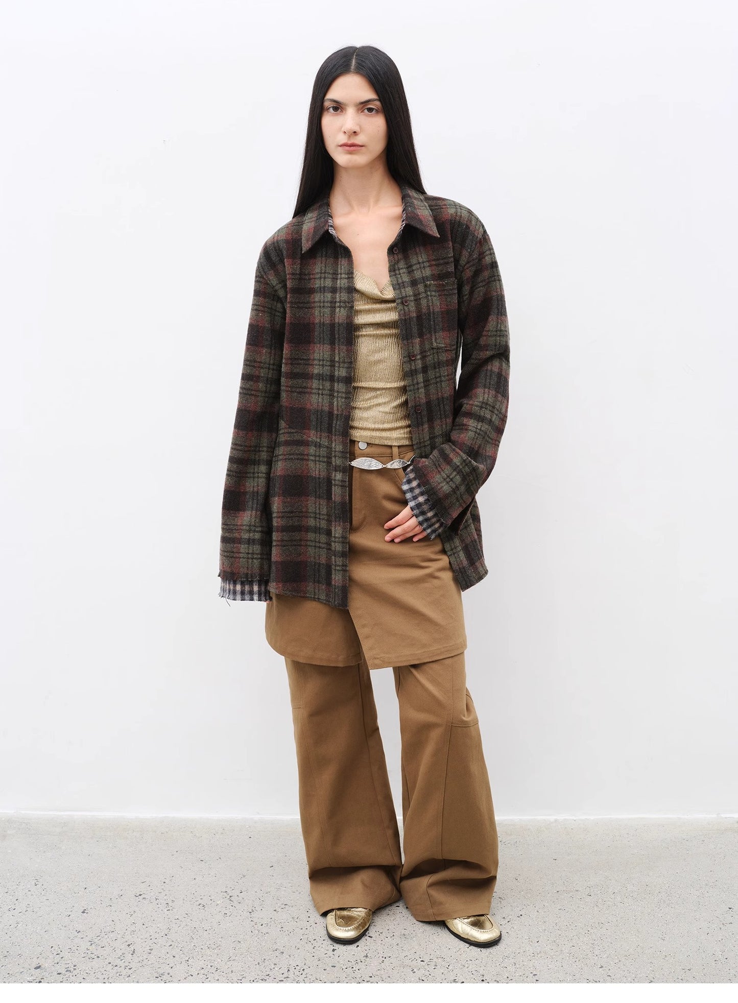 "Culotte Declaration" Retro split design fake two-piece twill brushed slightly flared slim jeans