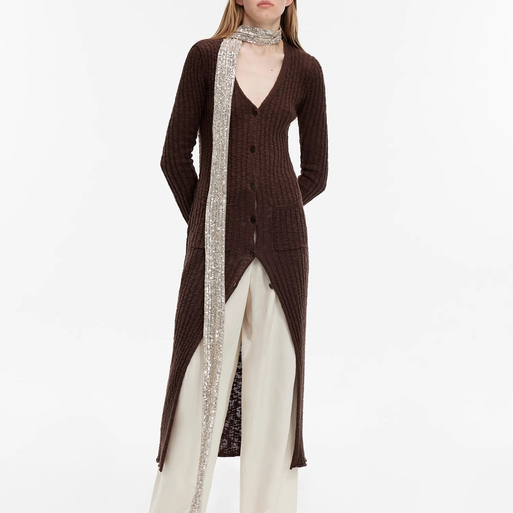 
                  
                    "Soft Spring Formula" Luxury brand same version cotton and linen fancy yarn knitted V-neck curling design straight long cardigan
                  
                