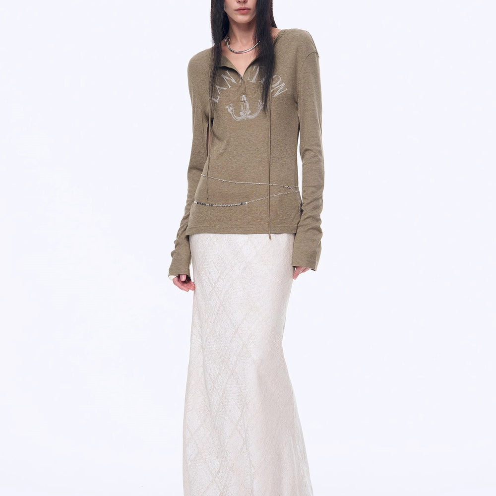 
                  
                    "Minimal Message" ethnic print modal knit henley collar tie long sleeve T-shirt top
                  
                