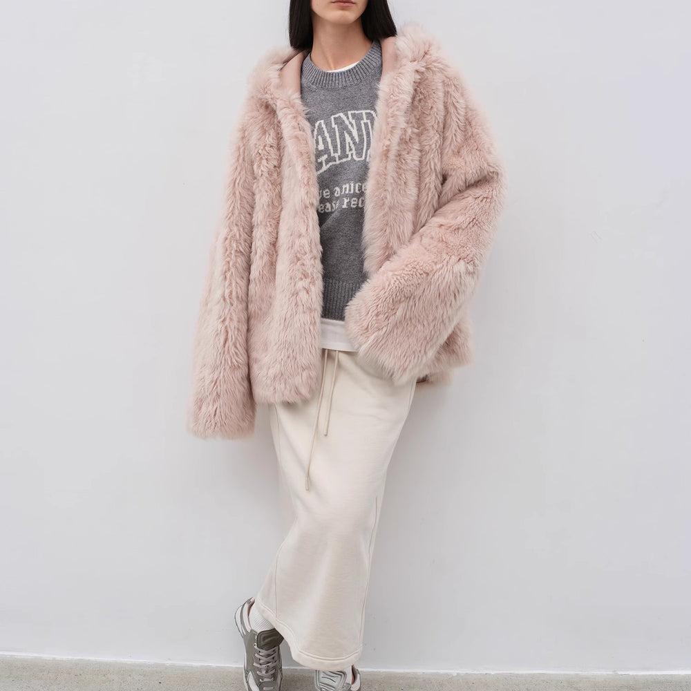 
                  
                    "Winter Snow" lazy silhouette hooded Tuscan curly sheepskin fur coat winter
                  
                