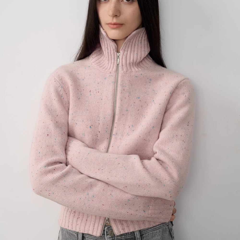 
                  
                    "Autumn Breeze Tea" colorful dotted wool-blend double-zip knitted cardigan short stand-up collar sweater
                  
                