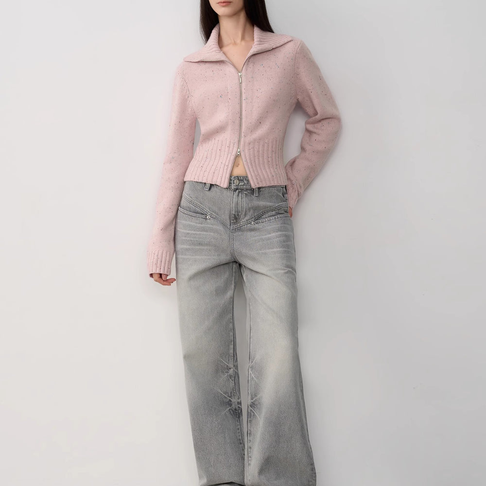 
                  
                    "Autumn Breeze Tea" colorful dotted wool-blend double-zip knitted cardigan short stand-up collar sweater
                  
                