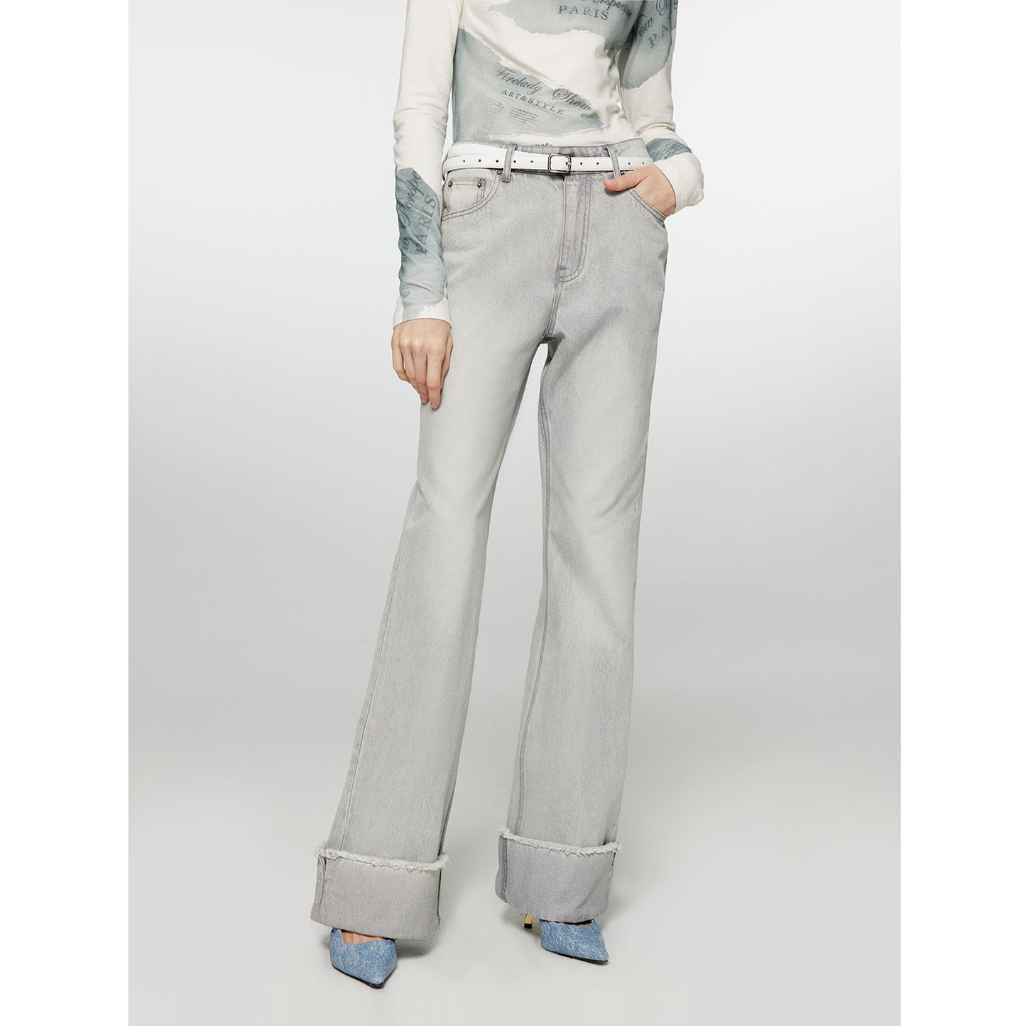 "Blues Time" Retro washed distressed straight flared cuffed jeans for women