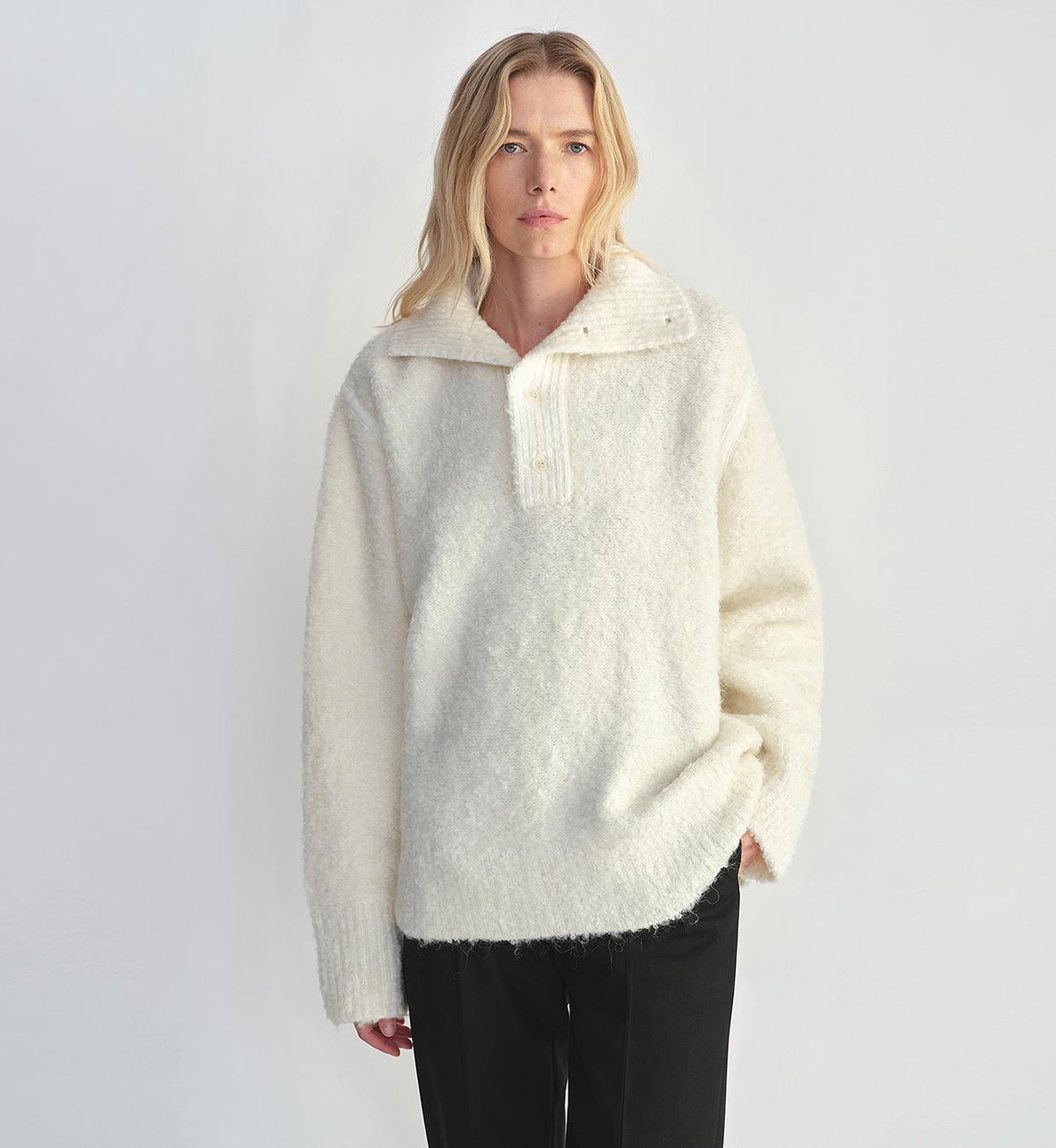 Alpaca wool blended bouclé yarn Spliced POLO shirt Lazy relaxed sweater