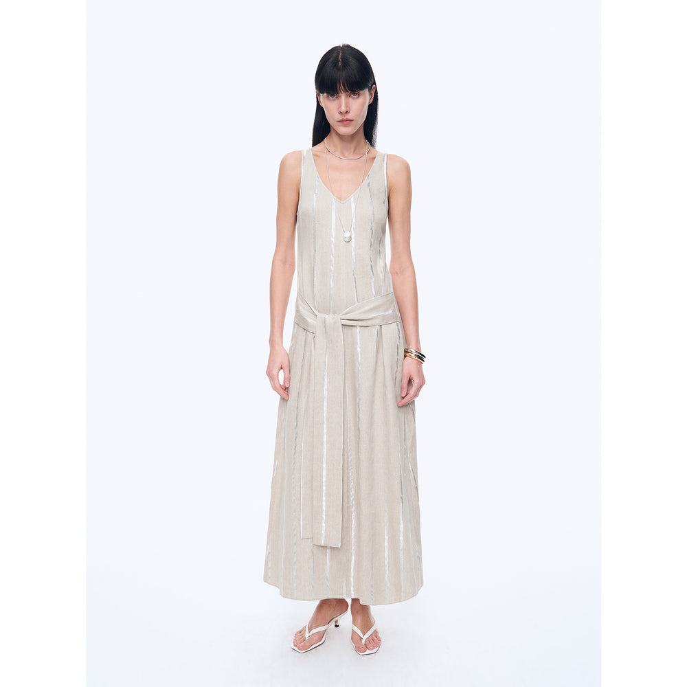 
                  
                    "Milan Holiday" Silver Striped Linen V-Neck Drape Dress
                  
                