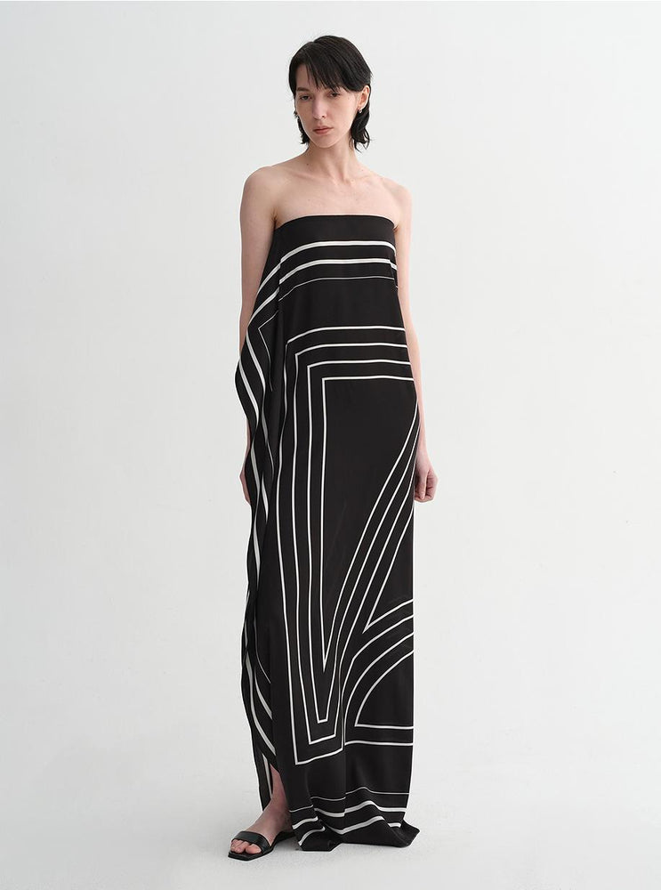 
                  
                    Mulberry silk stretch stripes contrast color geometric print light holiday wrap-style tube top dress
                  
                