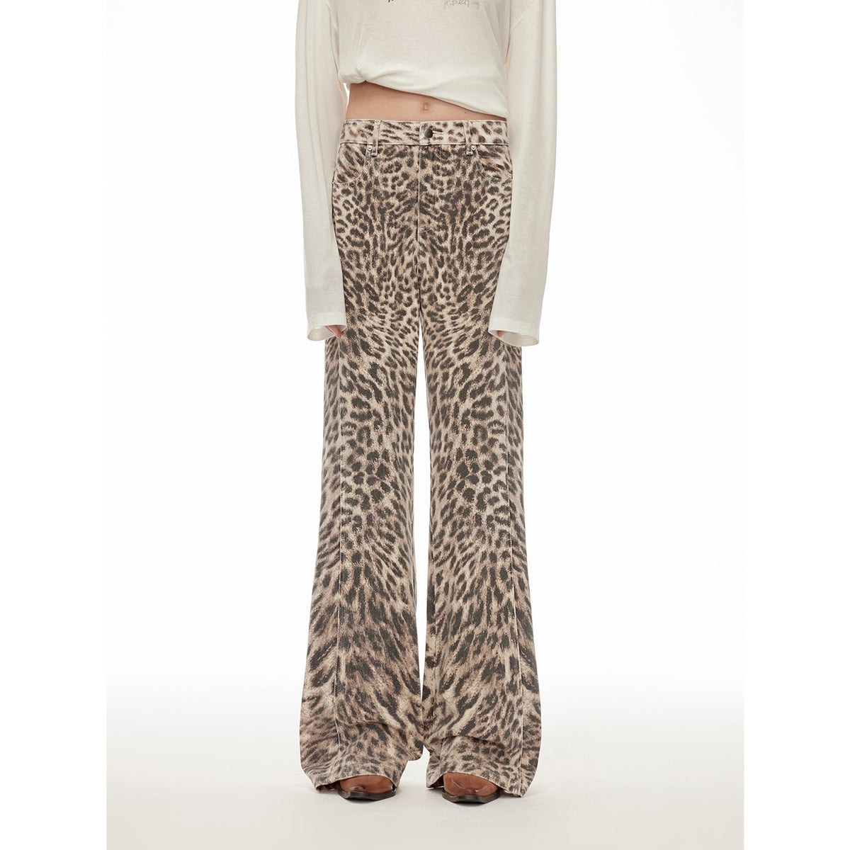 “Wild roar”vintage original leopard print Turkish imported washed slimming straight leg bootcut jeans