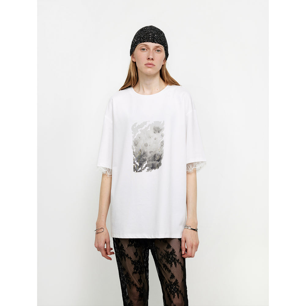 Printed Attitude Original Printed Cuffs Spliced Lace T-Shirt