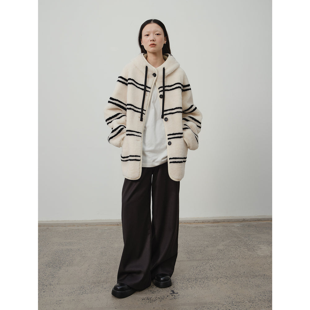 Snowy New Year Merino Sheepskin Lamb Wool Striped Jacket