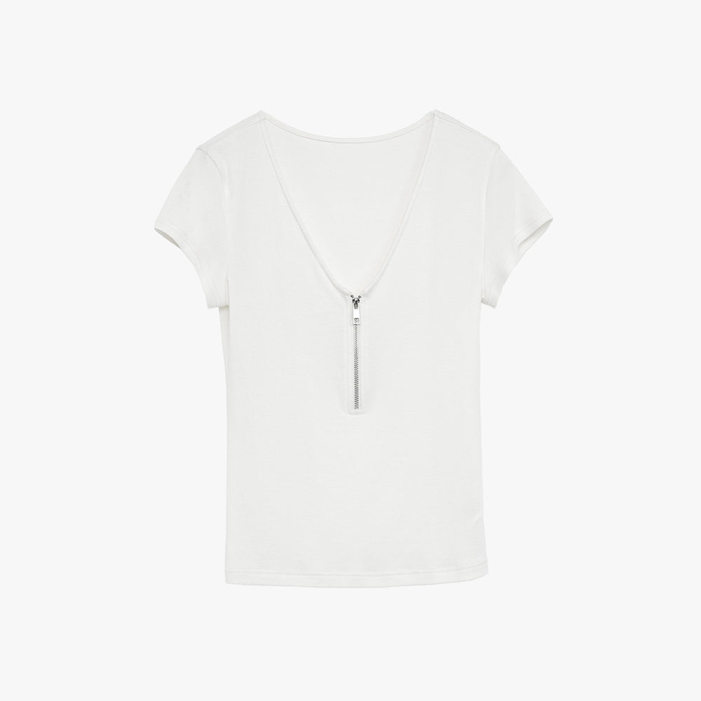 
                  
                    "Simple Color Silent Film" Australian Wool Tencel V-neck Zipper T-shirt
                  
                