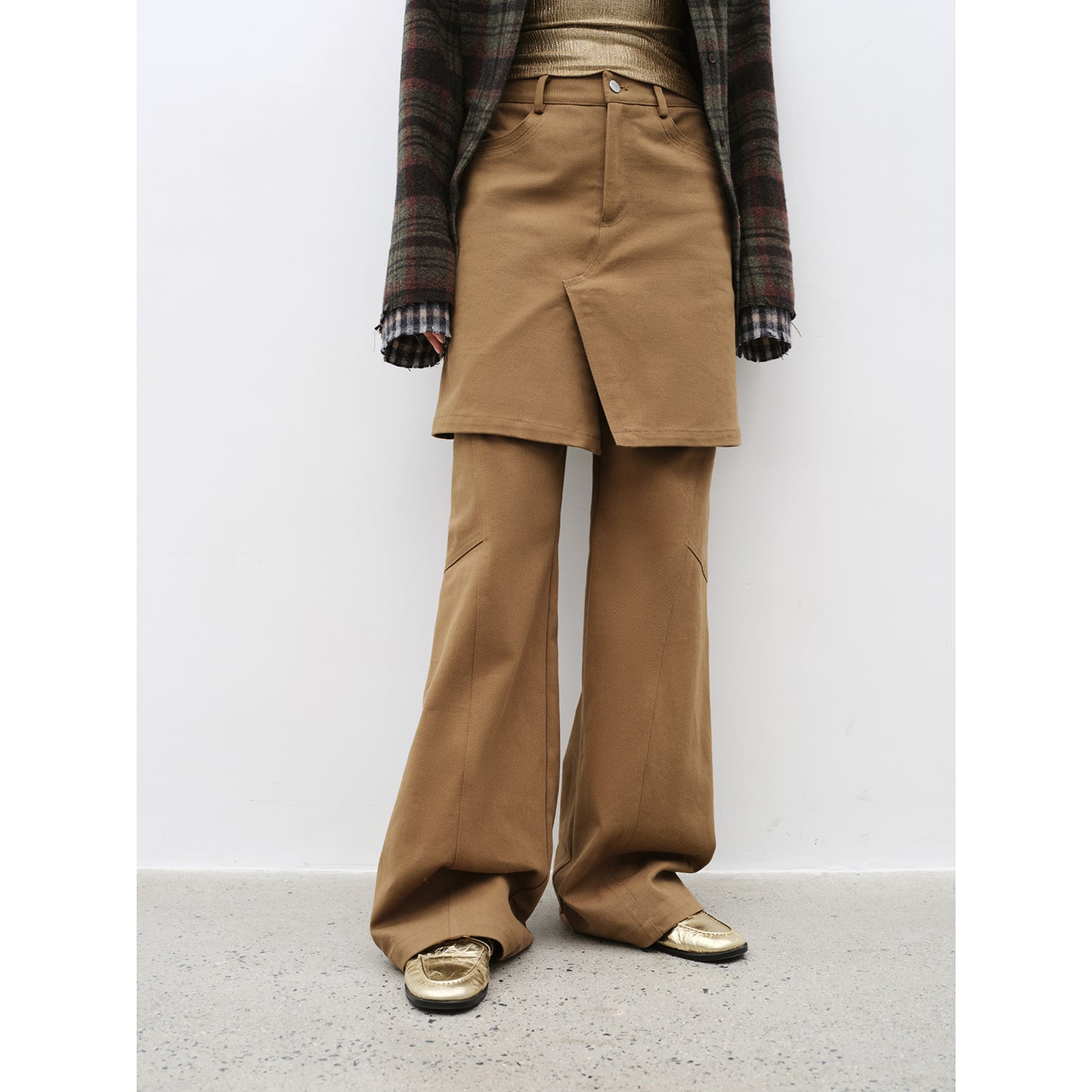 "Culotte Declaration" Retro split design fake two-piece twill brushed slightly flared slim jeans